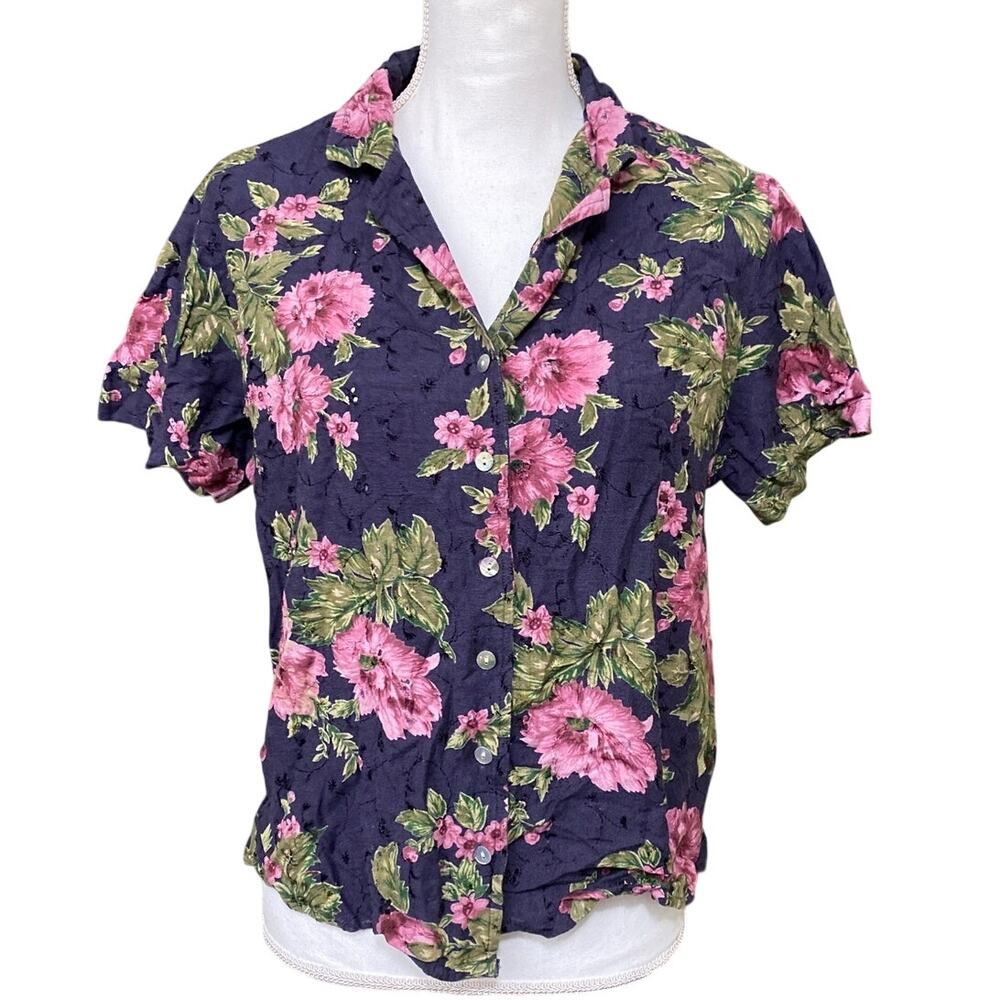 Vintage Floral Lemon Grass Eyelet Blouse Top Size L / XL Tropical Beach Vacation